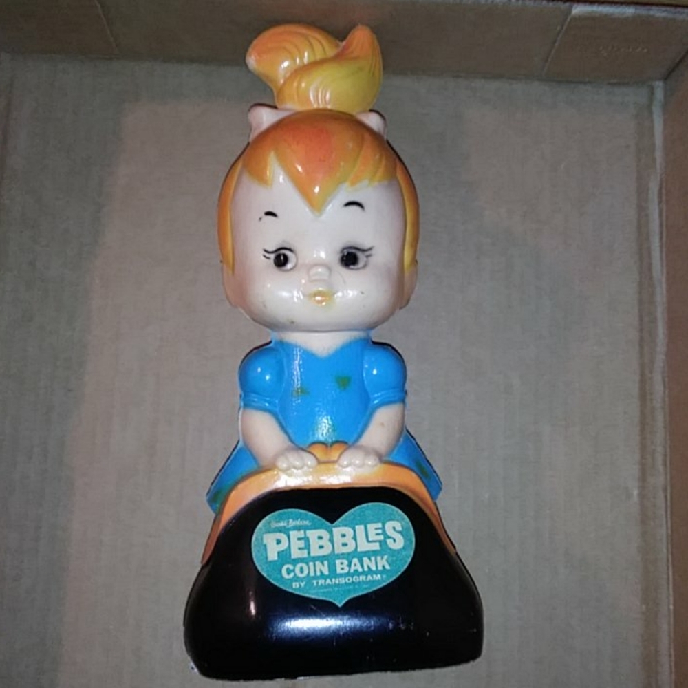 Hanna-Barbera Pebbles coin bank by Transogram